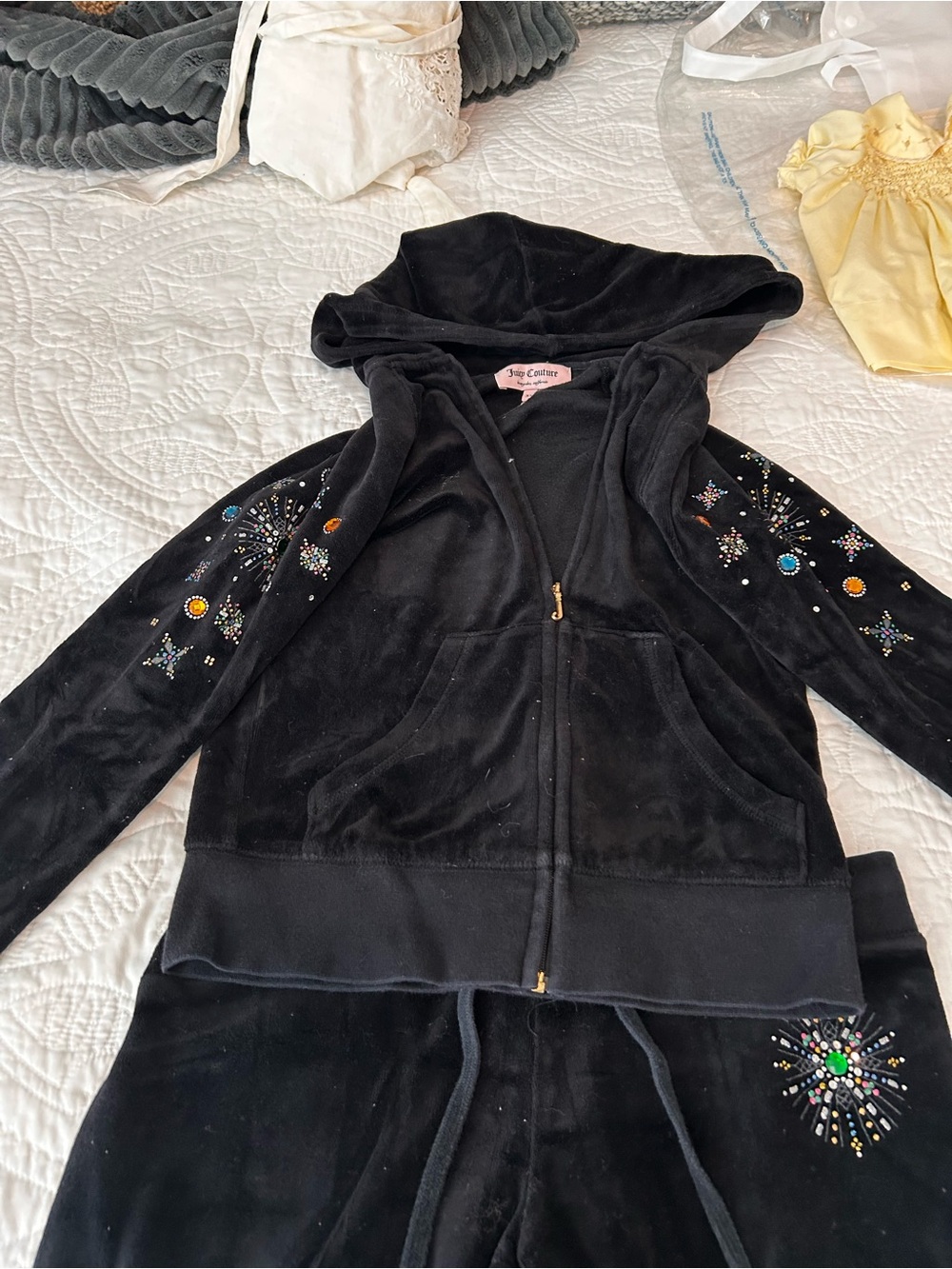 SET : Juicy Couture Black Velour Hoodie with Beaded Starburst w Matching pants